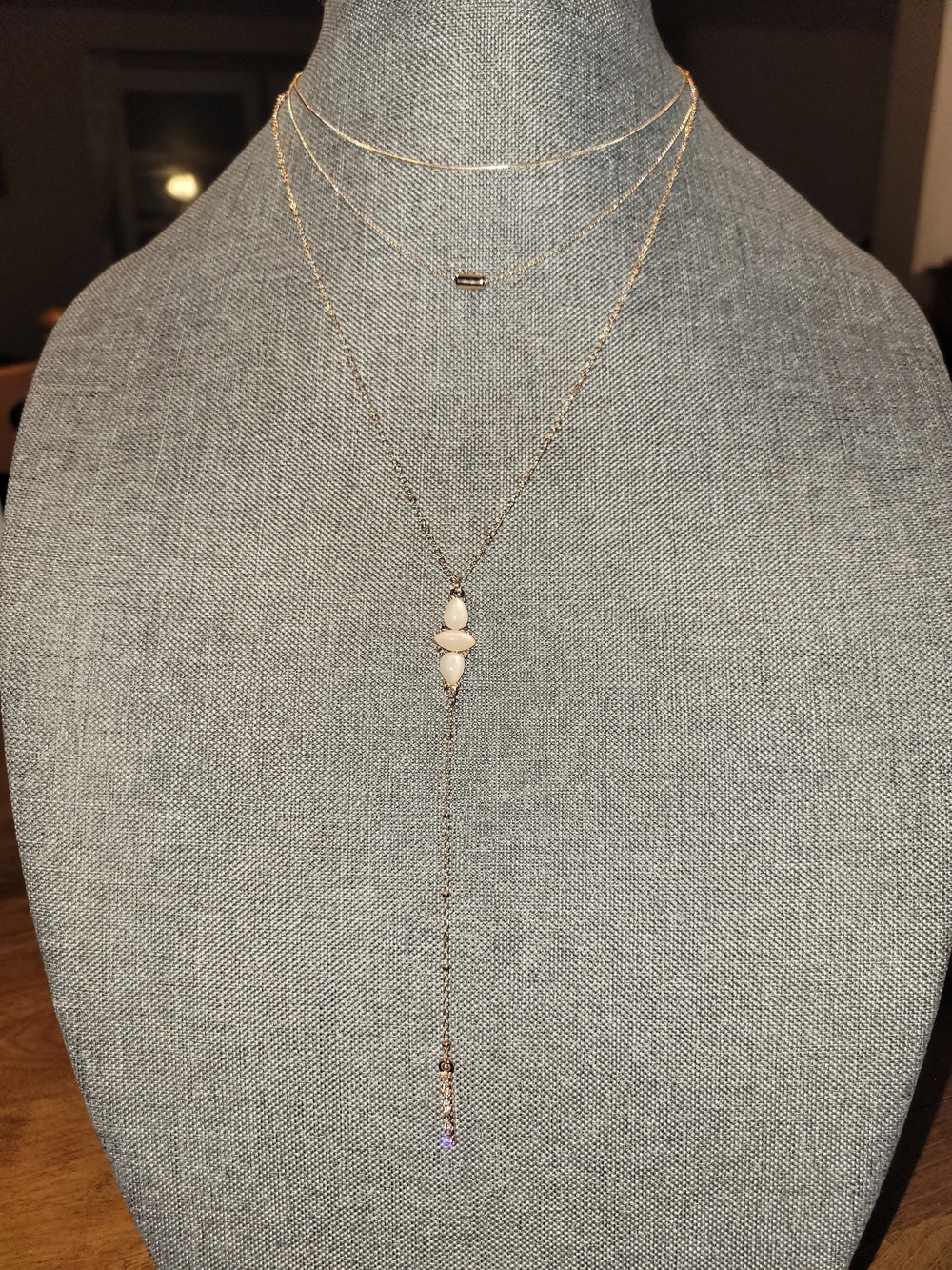 462 Delicate Rose Gold Tone Layered Y- Necklace with Moongliw Cabs NWT - Picture 1 of 2